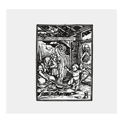 Emotive illustration of a death angel gently taking a baby from a grieving mother, suitable for wall art or frames