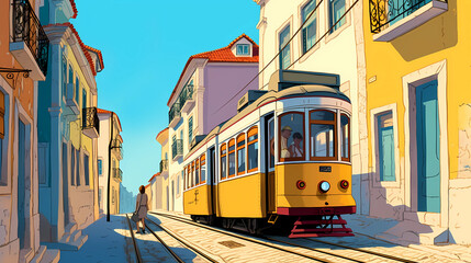 Illustration of a portuguese city with a tram, Portugal
