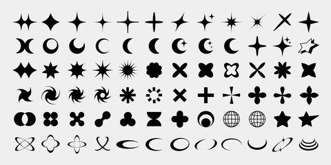 big collection of Y2k elements. set Y2k. geometric brutalism forms sticker In Y2k style graphic design retro futuristic pack Set of geometric shapes set of black and white icons
