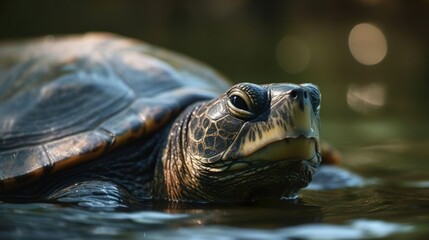 Fototapeta premium Portrait of the turtle floated to the surface. A giant sea turtle swims in its natural habitat. Exotic wildlife animal reptile. Close-up.