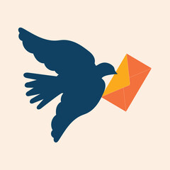 Concepts of development of communications. A blue carrier pigeon carrying a letter flies isolated on a light pink background. 