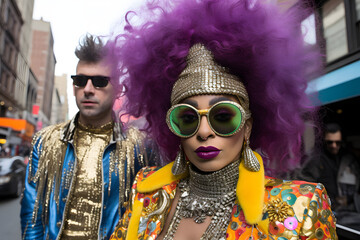 A portrait captures an exuberant woman in her 50s, flaunting purple hair and sporting green reflective sunglasses. Her vibrant personality is accentuated by an amazing yellow jacket and outfit.  - obrazy, fototapety, plakaty