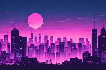 Acrylic prints Cartoon cars Chill Lo-fi Vibes with Night Skyline and Purple Hues: Manga and Anime Inspirations. Generative AI.