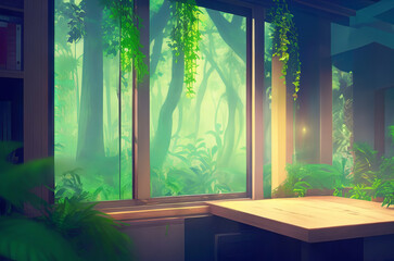 Lofi Empty Interior with Anime-Style Forest View. 