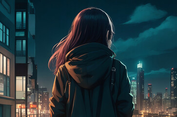 Premium Photo  Cute anime woman looking at the cityscape by night