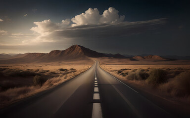 Empty Desert Road Stretching into the Horizon, a Journey of Isolation and Reflection