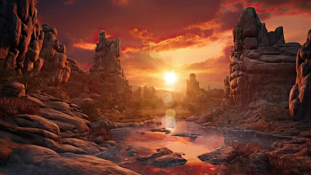 Sunset ignites floating rocks, crafting a surreal horizon. Warm hues meld with suspended stones, birthing mesmerizing celestial artistry