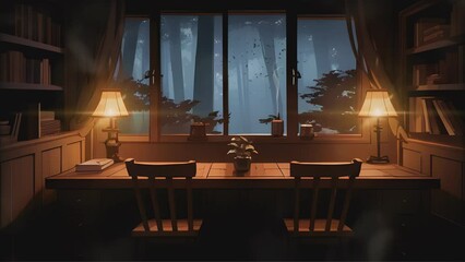 reading room with a wooden table and chair facing a window with a beautiful view in the night. Cartoon or anime illustration style. seamless looping 4K time-lapse virtual video animation background. - Powered by Adobe