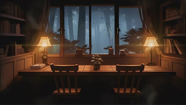 reading room with a wooden table and chair facing a window with a beautiful view in the night. Cartoon or anime illustration style. seamless looping 4K time-lapse virtual video animation background.