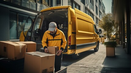 A delivery service man folds boxes taking them out of the truck.