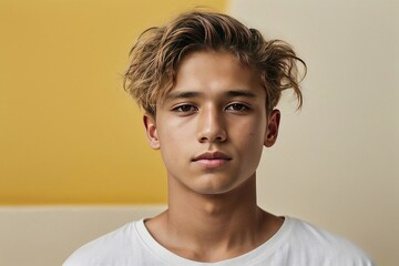 Fototapeta premium Boy in t-shirt against yellow background