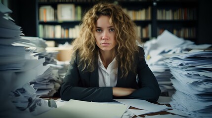 A businesswoman is an employee in an office, an accountant or a secretary with disheveled hair and a tired, upset look, sitting at her workplace with a mountain of paper and documents.