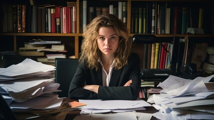 A businesswoman is an employee in an office, an accountant or a secretary with disheveled hair and a tired, upset look, sitting at her workplace with a mountain of paper and documents.