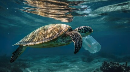 Sad sea turtle in polluted ocean. There is garbage plastic bottle under water. Save nature. Stop ocean plastic contamination. Environmental ocean pollution.