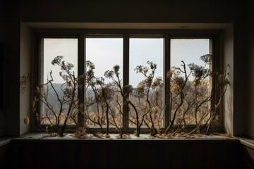 The view from a room shows withered flowers, emphasizing the impact of climate change. Generative AI