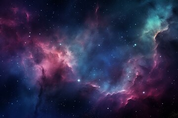 Vibrant nebula amidst starry cosmos, invoking astronomy and the universe, backed by brilliant supernova. Wallpaper material. Generative AI - obrazy, fototapety, plakaty