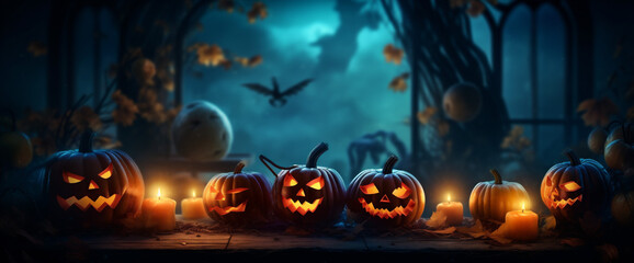 pumpkin table night blue halloween evil background horror mystery fear creepy. Generative AI.