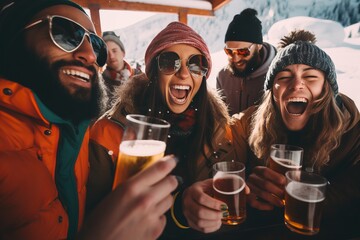a group of young cheerful diverse men and women posing for a photo on the ski vacation in the mountains, drinking alcoholic beverages, wearing winter clothes, having much fun, celebrating - obrazy, fototapety, plakaty