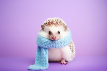 Cute small baby hedgehog with pastel blue wool scarf around him. Funny concept of wild animal in winter style. christmas scene on purple background.