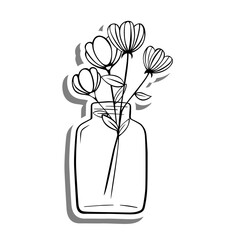 Black line Four Flowers in Bottle on white silhouette and gray shadow. Hand drawn cartoon style. Vector illustration for decorate and any design