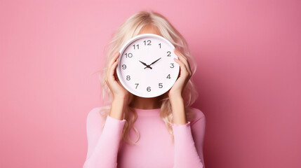 beautiful woman in pink  hiding her face with pink clock