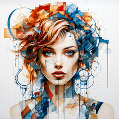 Girl with Colorful Face Digital Art  Flowing Geometry Style  Messy, Object Portraits  Highly Detailed Figures, Technological Wallpaper Background Generative AI KI Backdrop Cover