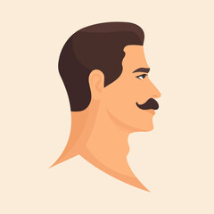 Portrait of mustache brunet man. Side view. Abstract male portrait, face view. Isolated vector illustration