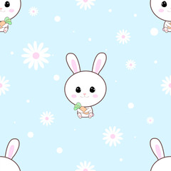 Cute bunny with flowers and dots seamless pattern on pastel orange background.