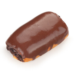 Bun with poppy seeds in chocolate glaze, isolated on a white background.