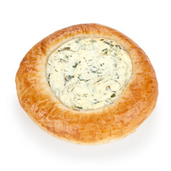A bun with cottage cheese and herbs isolated on a white background. Russian pastry.