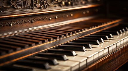 Fototapeta na wymiar Close view of dusty vintage piano keys. Created with Generative Ai technology.