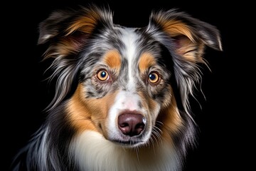 Merle Australian Shepherd dog, close-up portrait, studio shot.
