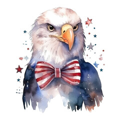 Watercolor happy cute patriotic eagle with American flag print, Fourth 4th of july Independence Day USA, isolated