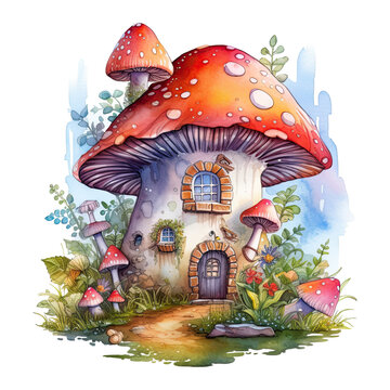 Watercolor whimsical mushroom house, fantasy fairytale illustration
