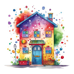 Watercolor colorful cute happy house with polka dot, isolated