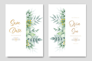 wedding invitation card with green leaves watercolor
 