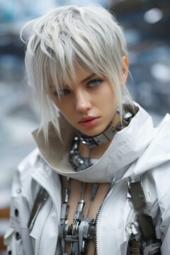 a woman with short blonde hair wearing a white jacket. Generative AI Art.