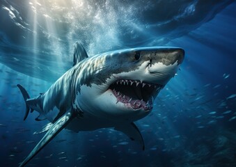 Fototapeta premium A magnificent great white shark, a symbol of ocean's grandeur. Deep sea wonder. Generative AI.