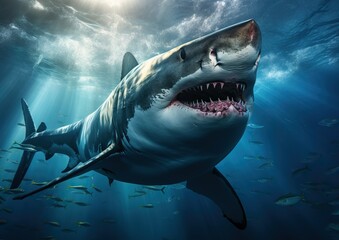 Fototapeta premium A magnificent great white shark, a symbol of ocean's grandeur. Deep sea wonder. Generative AI.