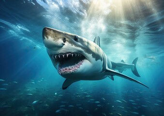 Fototapeta premium A magnificent great white shark, a symbol of ocean's grandeur. Deep sea wonder. Generative AI.