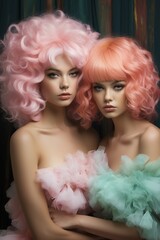 two young girls in pastel clothing and pink hair posing together. Not real person.  AI