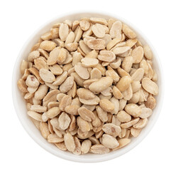 Salted peeled peanuts in a white plate on a white background. View from above. Nuts in a bowl