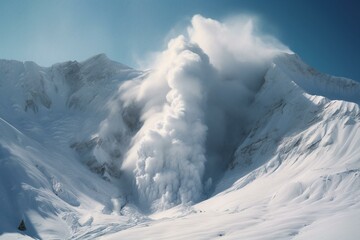 Fototapeta na wymiar Artwork showing a snow-covered mountain erupting into an avalanche. Generative AI