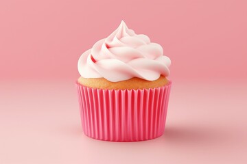 Front view of a 3D vanilla cupcake with buttercream icing on a pink background. Creamy and sweet red cake. Generative AI - obrazy, fototapety, plakaty