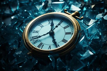 Atop shattered glass heap, a broken clock rests amidst the fragments.