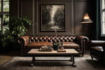 Timeless living room with a chesterfield sofa, showcasing remarkable interior design. Generative AI