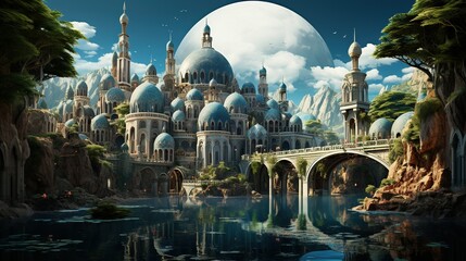 Fantasy landscape featuring a majestic castle, serene rivers, and breathtaking clouds. Enchanting dreamscape. Generative AI