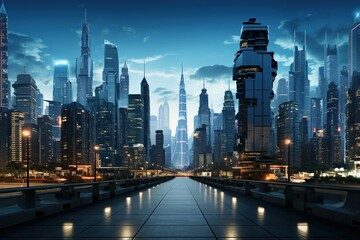 Obraz premium A futuristic city with towering skyscrapers, a vision of urban innovation. Generative AI.