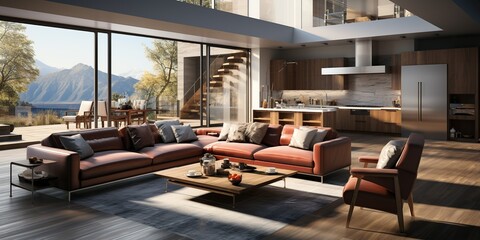 A luxurious modern home interior featuring a spacious open layout. Contemporary design. Generative AI
