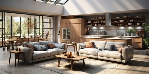 Obraz na płótnie Canvas A luxurious modern home interior featuring a spacious open layout. Contemporary design. Generative AI